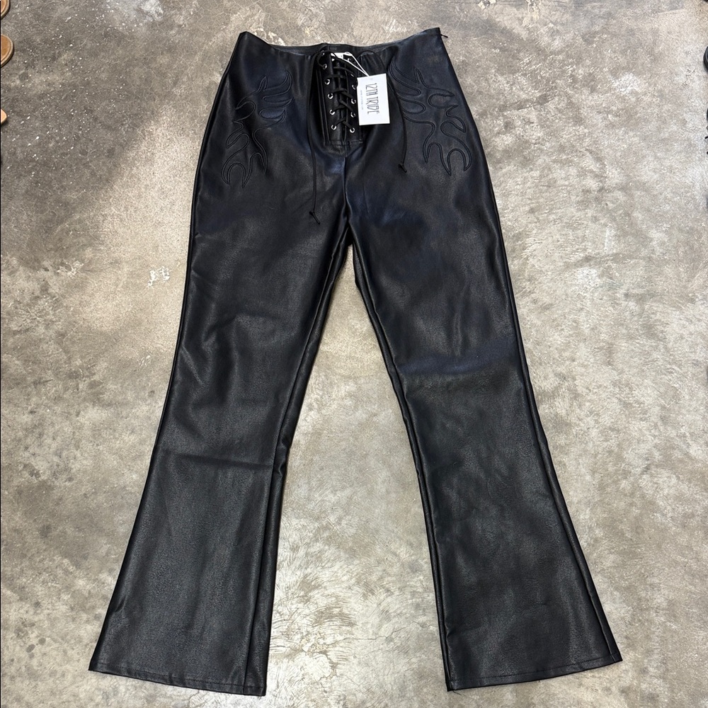 12th Tribe Black Lace-Up Faux Leather Pants